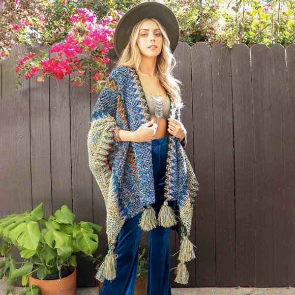 Colorful Cobalt Crochet Patterned Ruana - Picture 1 of 6